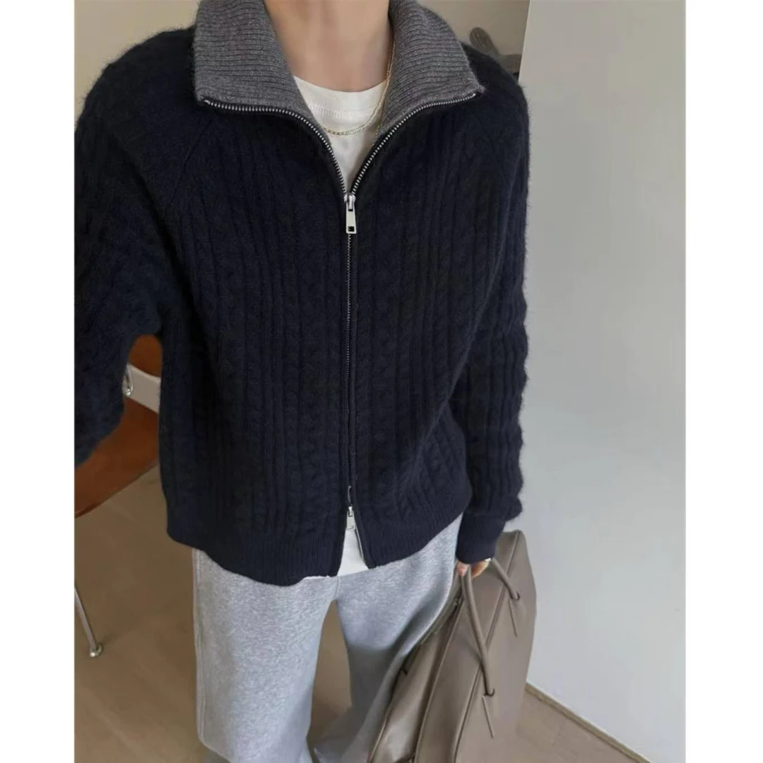 【麻花双拉链】翻领纯色立体麻花高级感双拉链早春百搭针织开衫1192