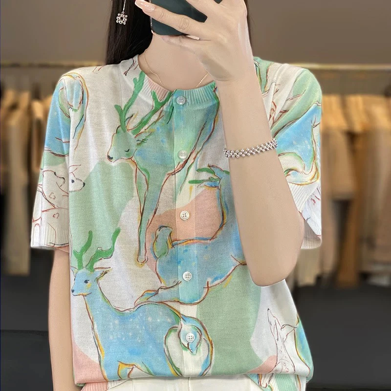 2024夏装新款短袖开衫女t恤印花宽松薄款短款针织1885