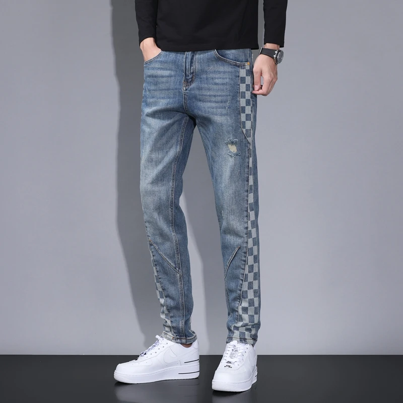 萨尔布勒斯美式休闲牛仔裤男款拼接修身直筒高街裤子潮牌拼接长裤