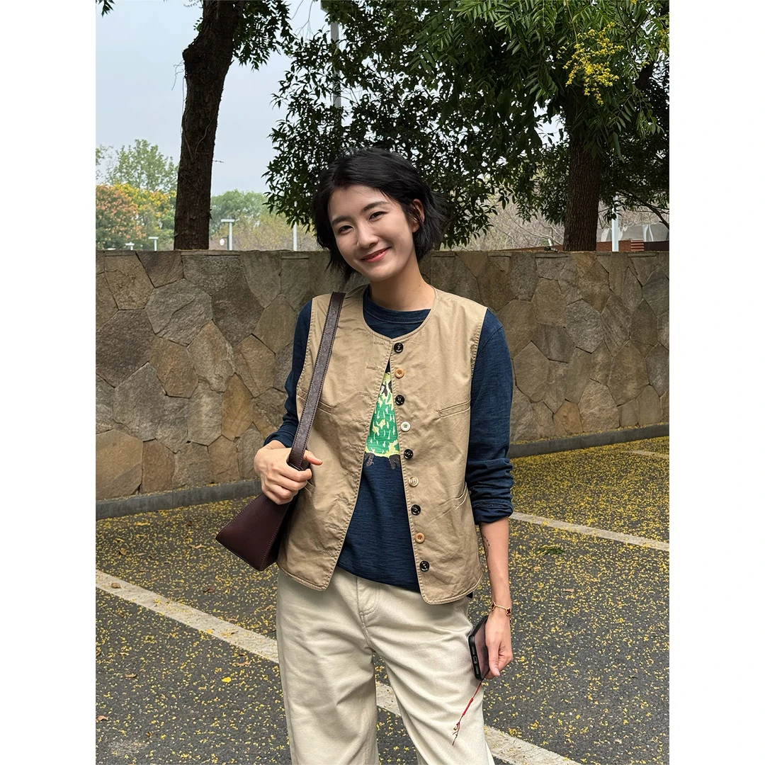 LANGQING 多色纽扣多口袋纯棉百搭休闲马甲45910#