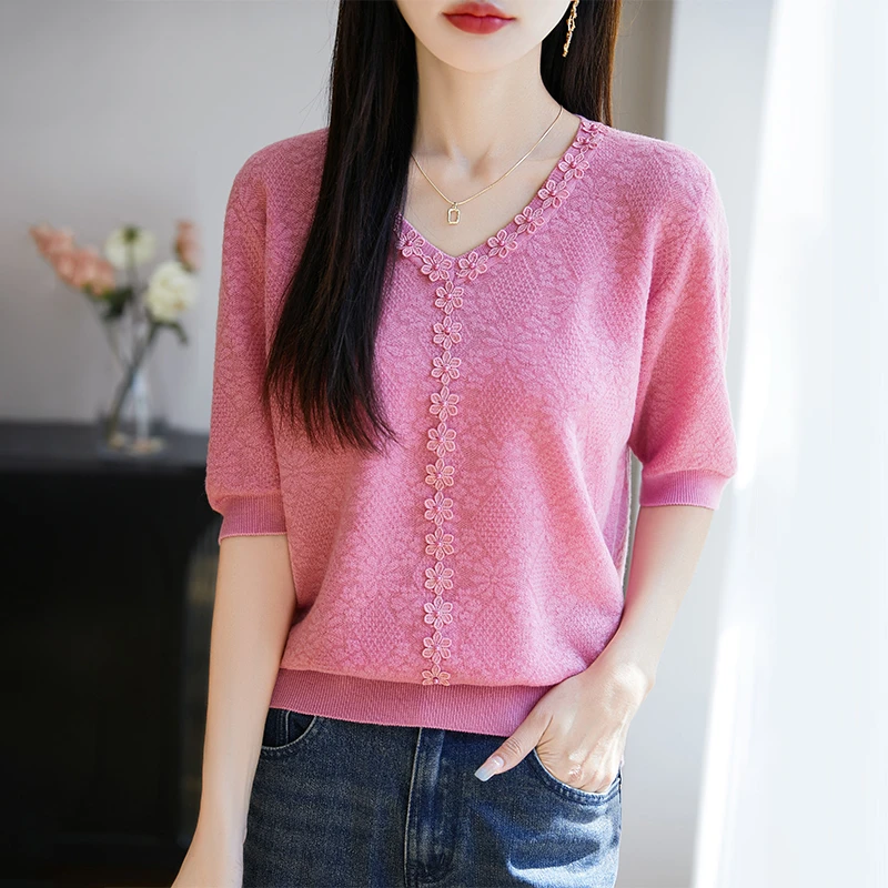 品牌女装新款夏季钉珠时尚小衫提花短袖t恤减龄显瘦v领针织衫上衣