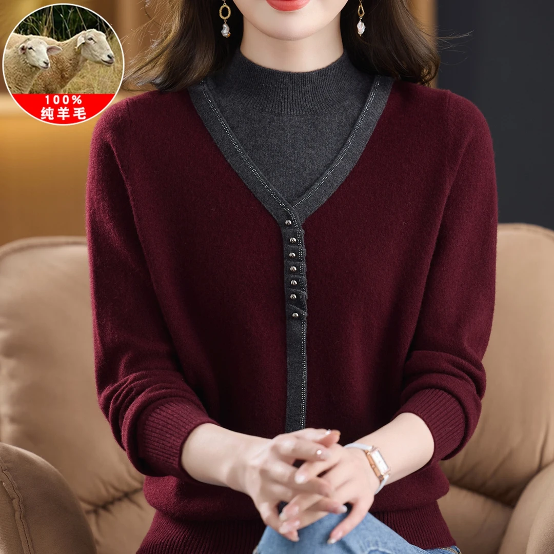 秋冬新款中年洋气宽松打底衫半高领毛衣妈妈装假两件100%纯羊毛衫