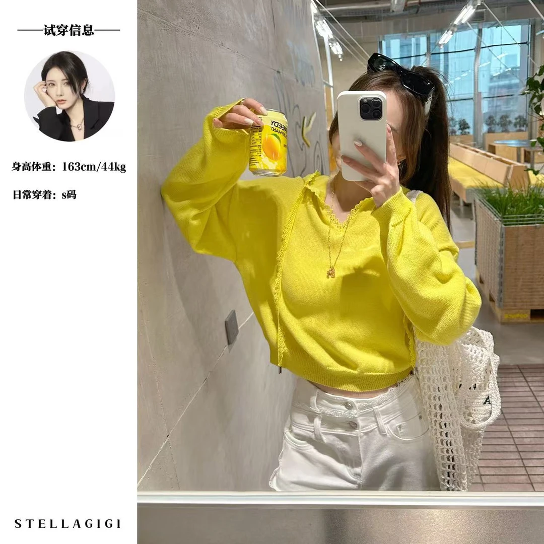 SG / 杨依姗 SS韩系蕾丝花边抽绳连帽针织衫上衣MY-20250567