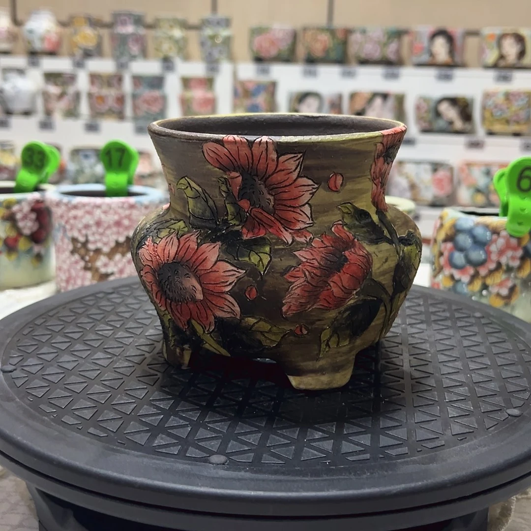 瑕疵手绘陶瓷花盆口11.5高11.5