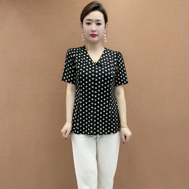 千之绣 妈妈装印花翻领冰丝短袖2025年新款夏季短袖宽松显瘦