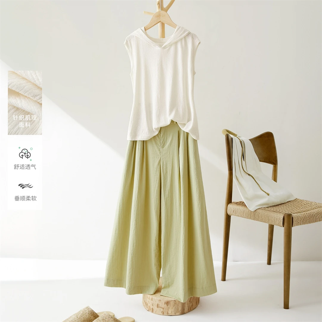 IHIMI/海谧【随性周末】2025夏季新款肌理连帽T九分阔腿裤套装5484