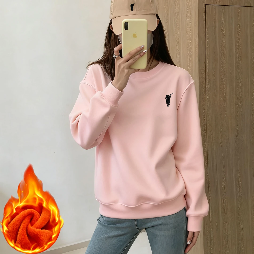 刺绣卫衣秋冬加绒时尚保暖长袖套头银狐绒卫衣宽松加厚上衣运动