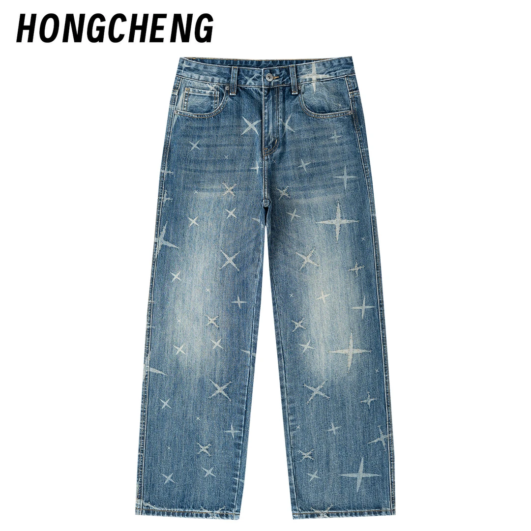 HONGCHENG秋冬牛仔裤小众设计感提花满天星2025新款潮流百搭长裤