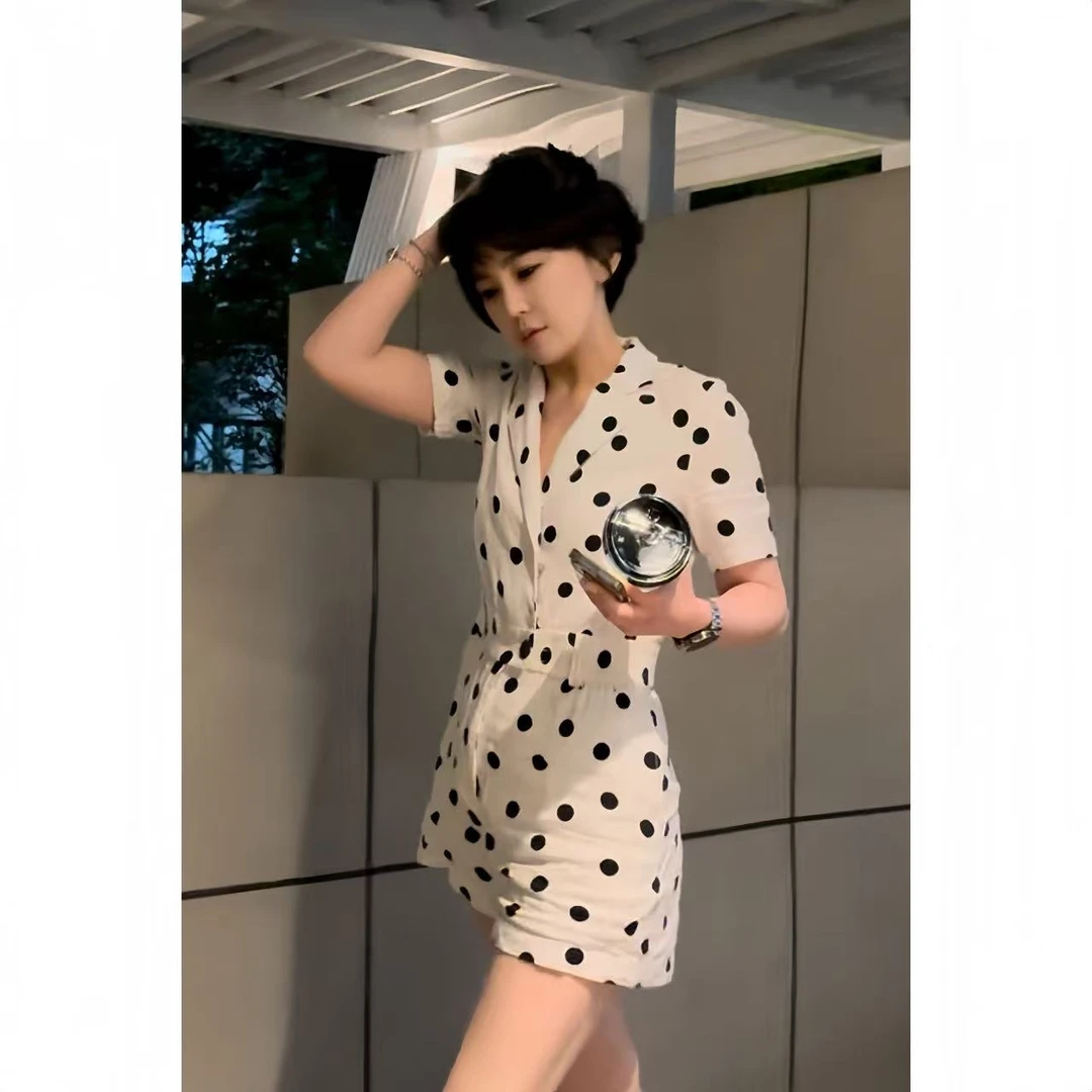 法式波点减龄亚麻连体短裤TDG010