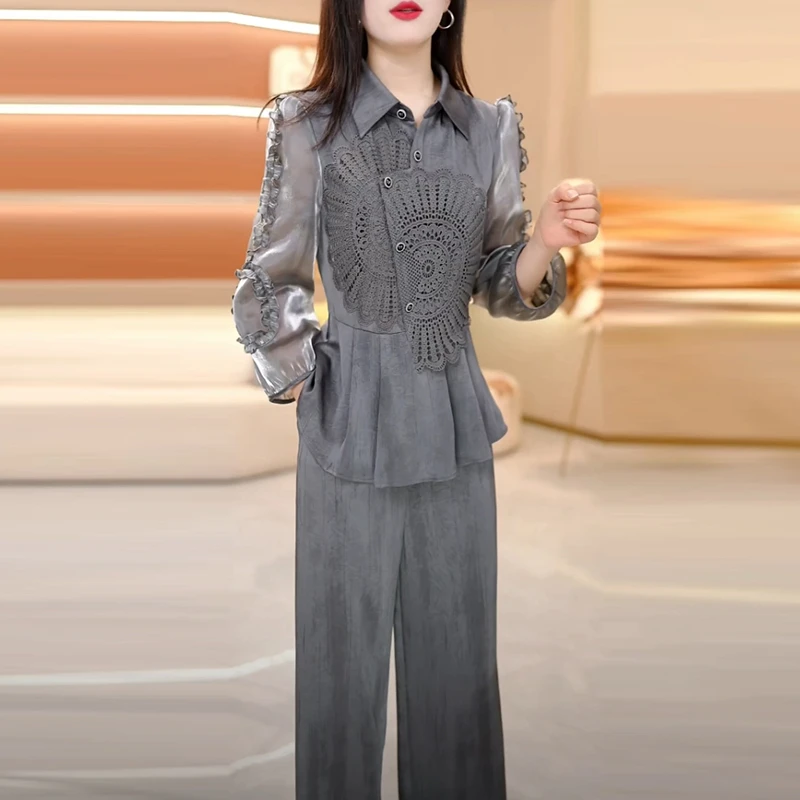 金丝缎轻奢女装阔腿裤套装女2025春秋新款韩版显瘦气质时尚两件套