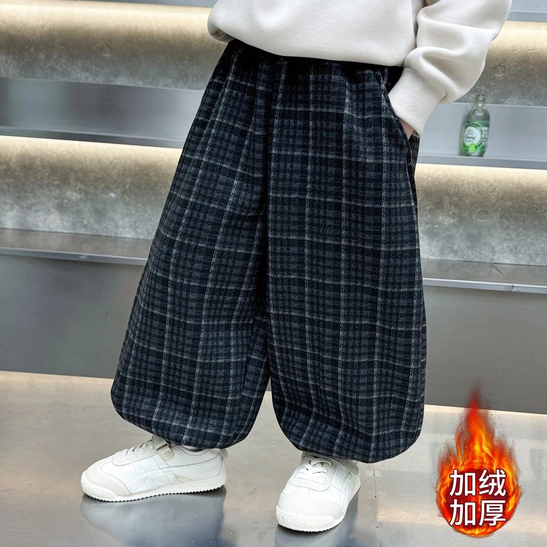男童加绒裤子2025新款小男孩休闲裤儿童加厚格子裤宝宝冬装长裤潮