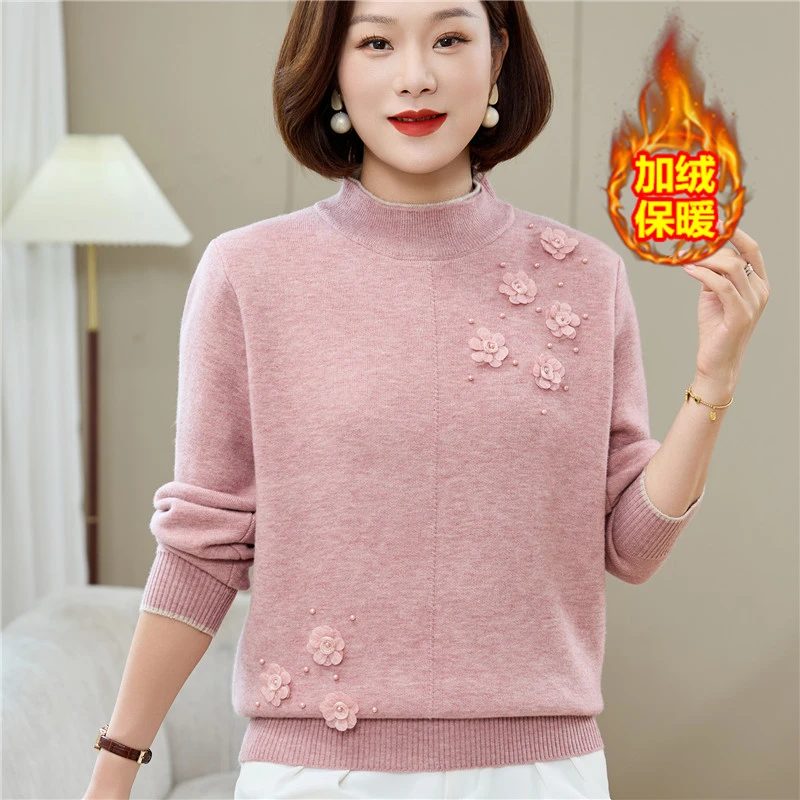 新款妈妈冬装加绒加厚毛衣洋气一体水貂绒上衣中老年女保暖打底衫
