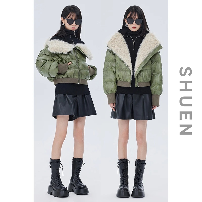 束恩90白鸭绒大翻毛领外套短款潮2025年新款石纹PU绿色羽绒服女冬