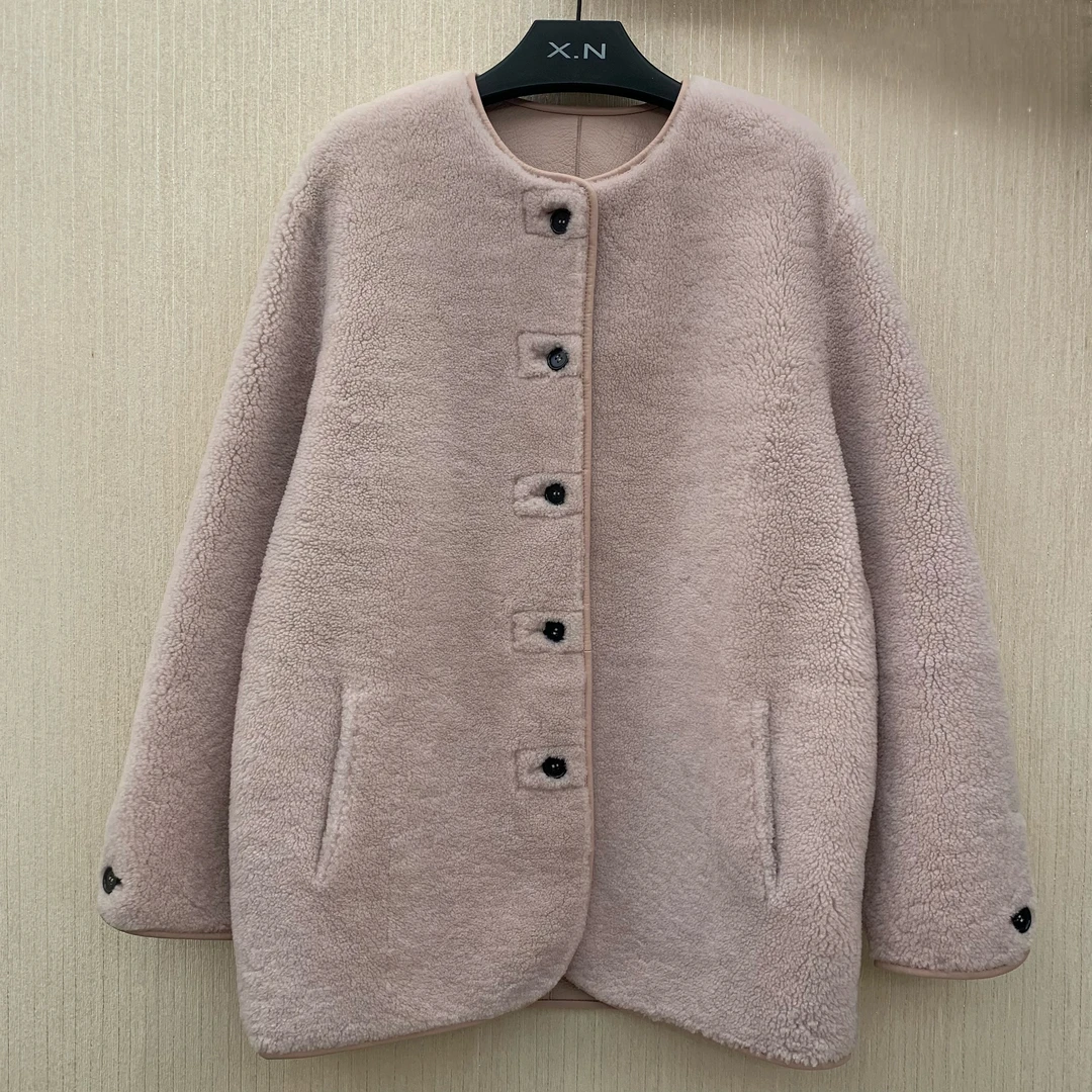 希娜 毛绒绒 极简圆领单排扣外套