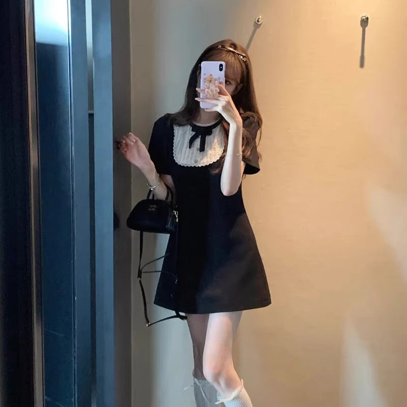 2025夏季新款黑色连衣裙女miu系千金风蝴蝶结赫本风小黑裙A字短裙