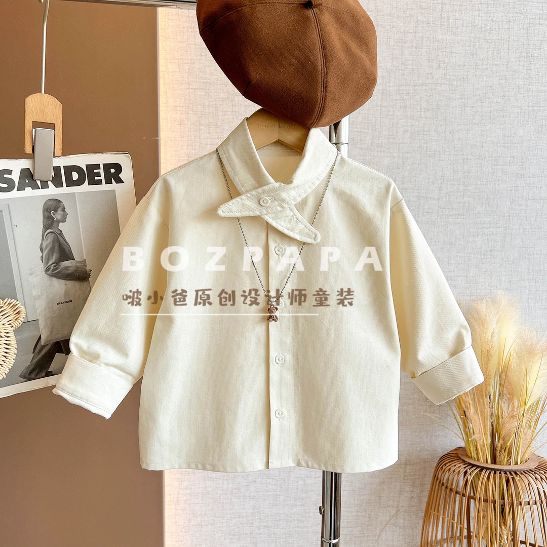 啵小爸【梦境国度】2025秋冬季纯色领口交叉设计感加绒衬衫