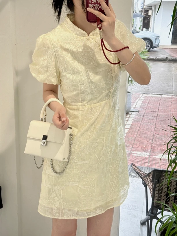 【妙女郎】米白刺绣旗袍连衣裙