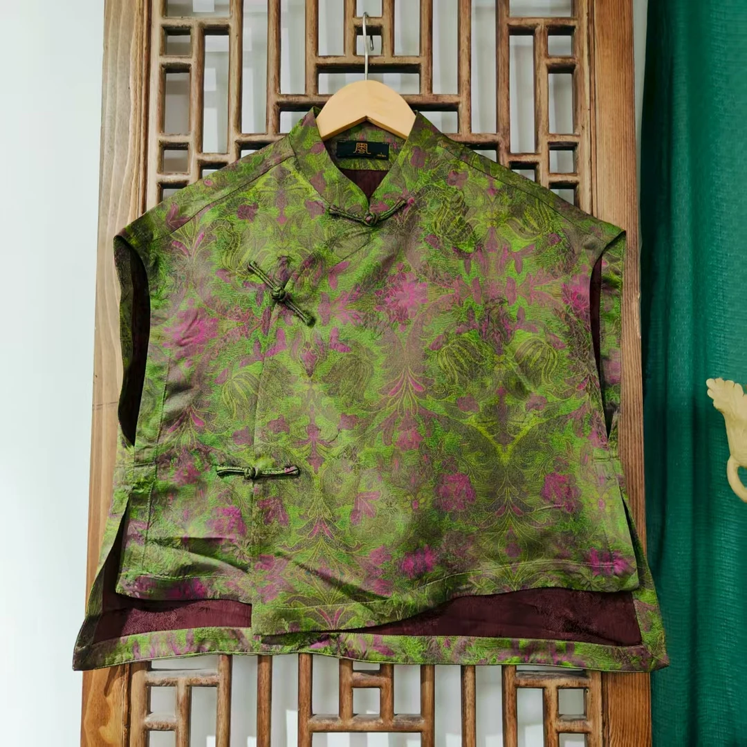 (LS597-41) 凤徕兮私人定制绿底紫花香香暗纹斜襟盘扣无袖短上衣