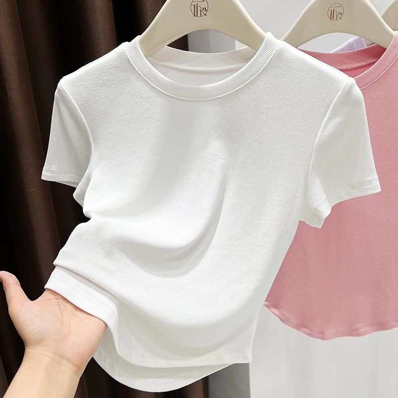 圆领针织正肩修身短款短袖T恤女爆款2025新款弧形下摆显瘦上衣薄