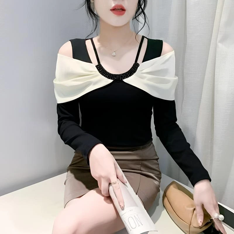 2024新款欧货性感露肩T恤女长袖设计感洋气上衣修身显瘦打底衫