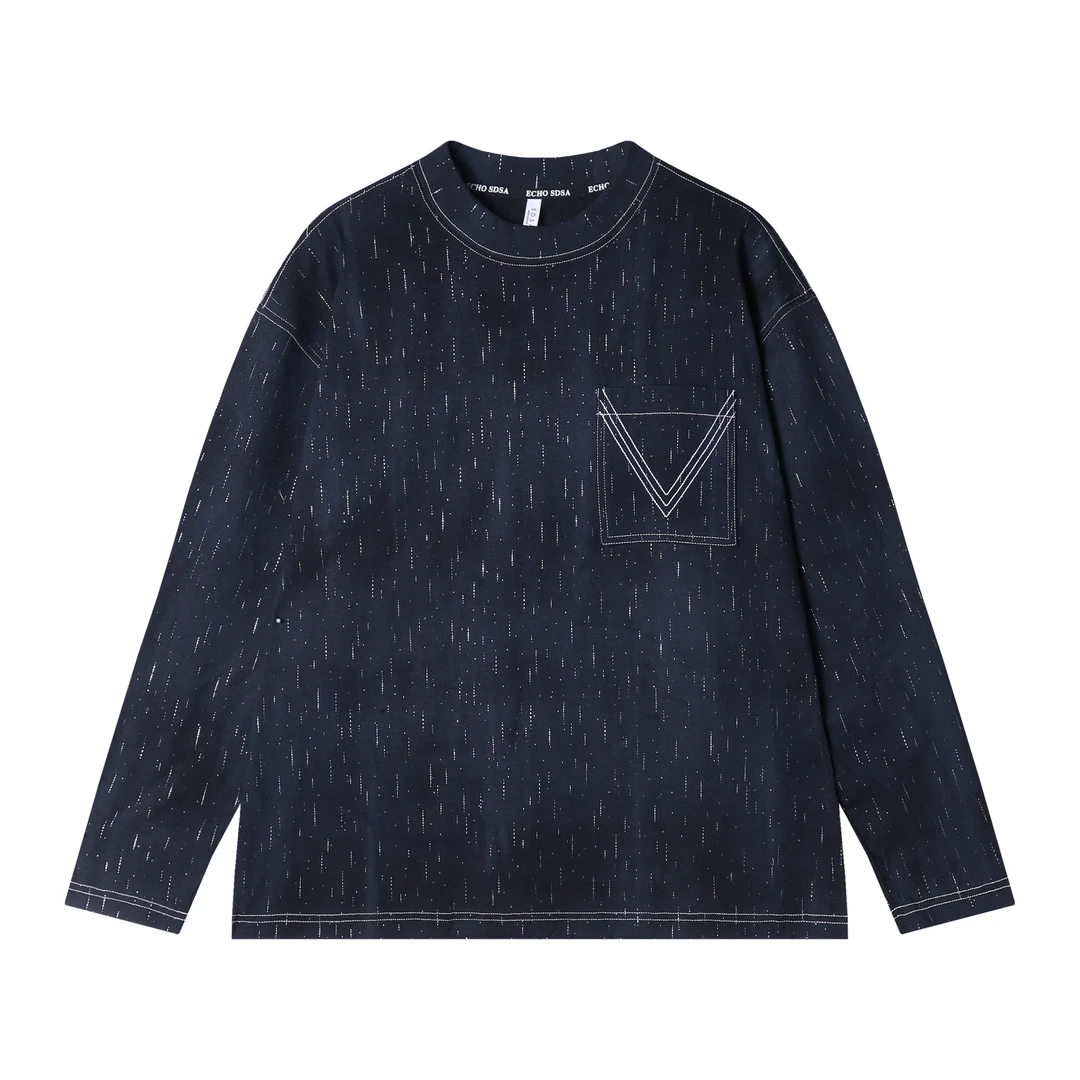 T2201早春新款时尚个性韩版虚线亮闪圆领长袖T恤百搭小众设计上衣