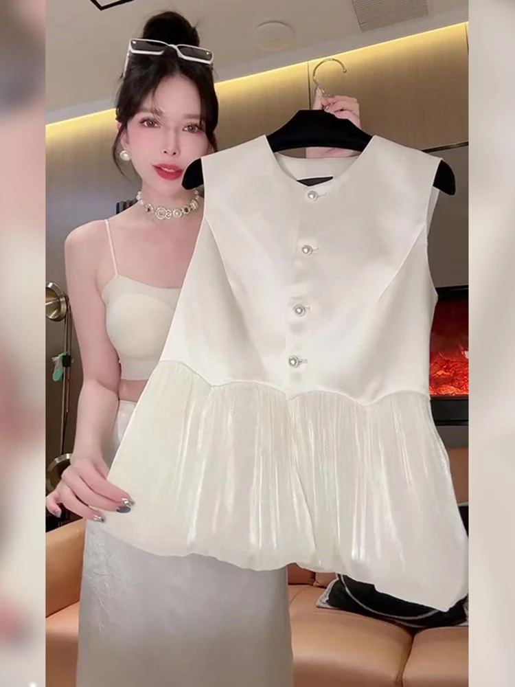 法式名媛风轻奢高级感时尚拼接网纱白色无袖背心上衣2025夏季新款