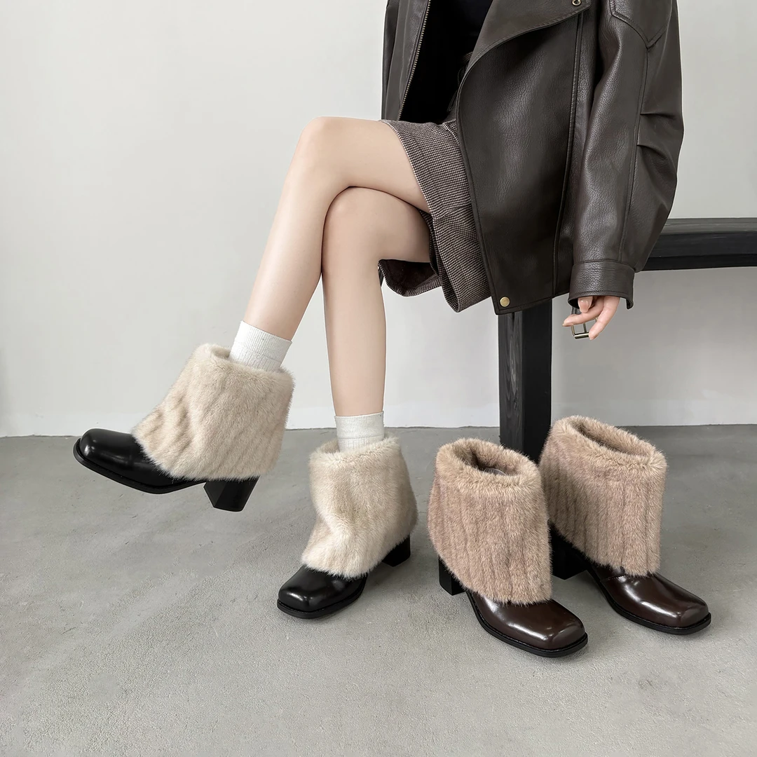 手工爆款6.5cm法式冬季加厚毛毛鞋新款短靴女雪地靴筒靴短筒棉鞋