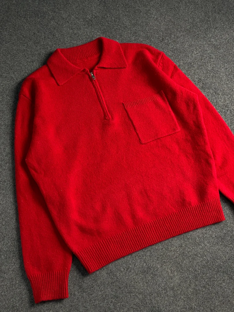 拉夫风格半拉链翻领老钱风舒适柔软针织衫红色秋冬毛衣