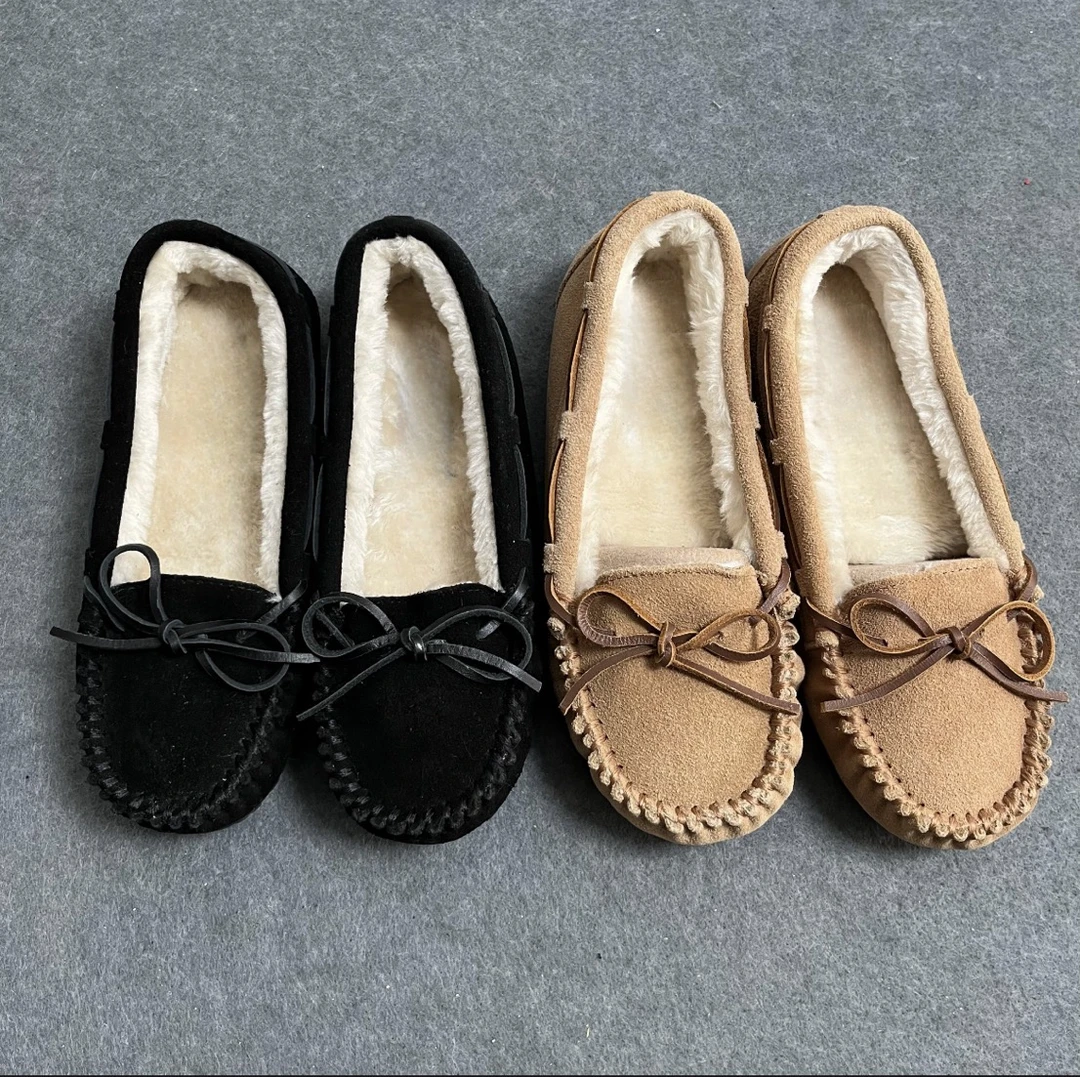 E4802 女士蝴蝶结保暖加绒款豆豆鞋