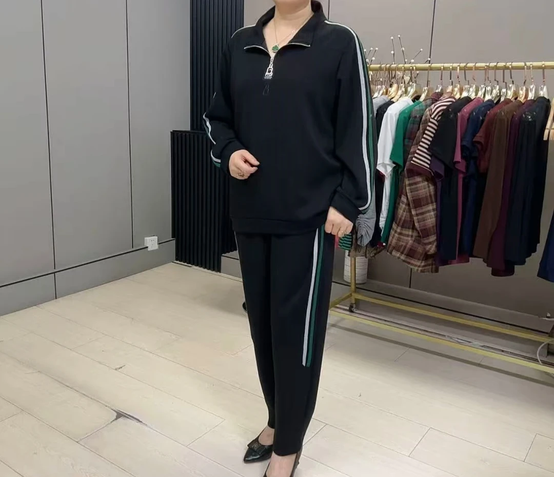3143大码半拉链时尚百搭宽松显瘦长袖两件套（上衣+裤子）