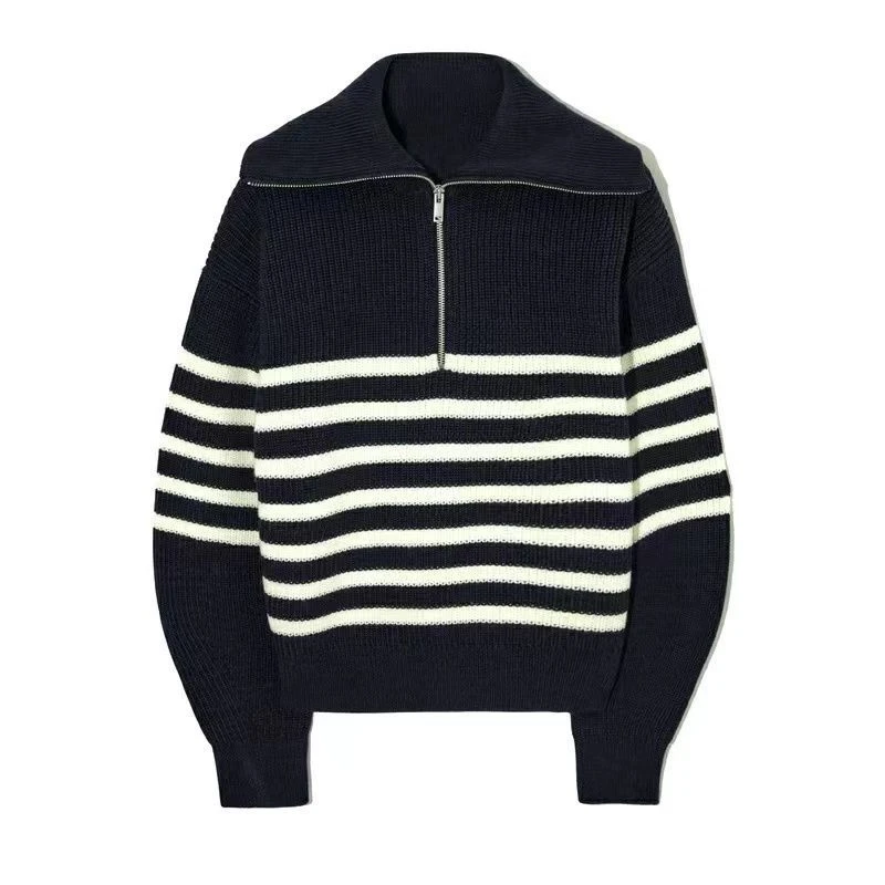 法式复古翻领半拉链撞色条纹毛衣女秋季慵懒风套头内搭针织打底衫