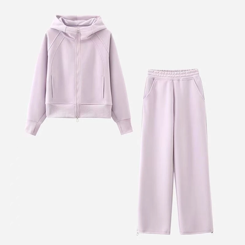 纯色简约运动服套装2025秋季新款连帽外套阔腿裤开衫卫衣两件套女