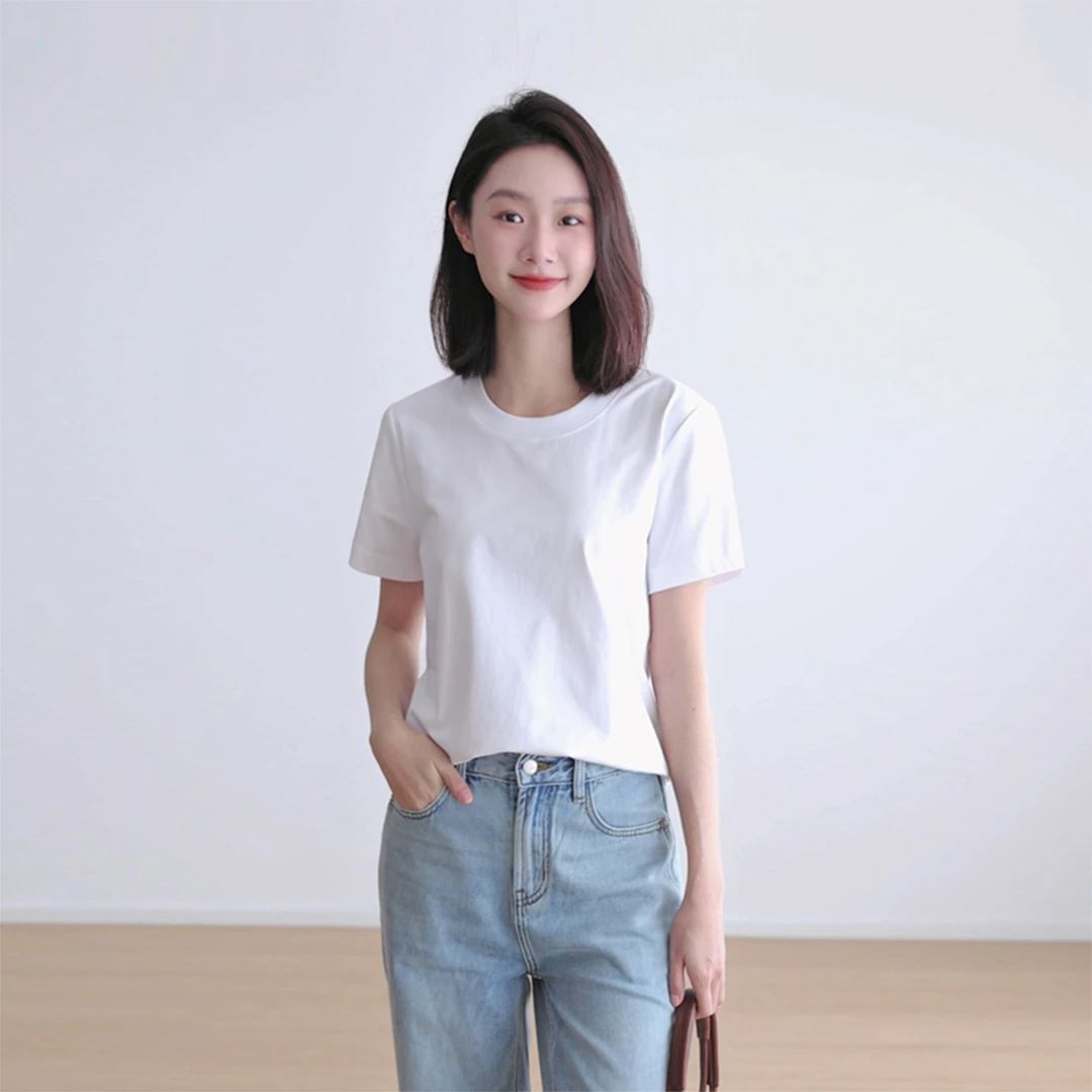 极简上衣圆领T恤女短袖正肩棉质后缝线通勤宽松休闲打底衫叠穿白t