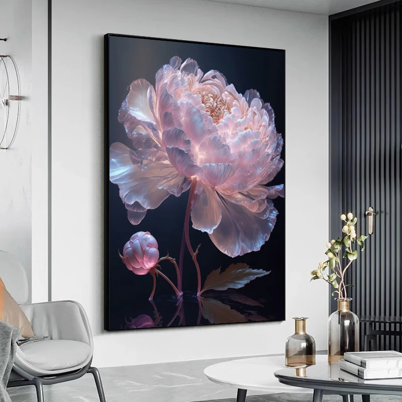 现代简约玄关挂画轻奢芍药花开富贵客厅沙发黑白牡丹花朵装饰画