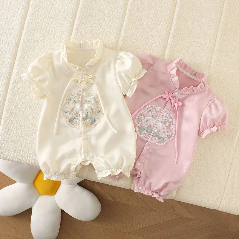 新款婴儿连体夏季短袖中国哈衣唐装衣服宝宝满月汉服周岁爬服连衣