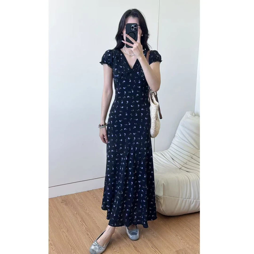 【风染的蓝】碎花夏季新款显瘦设计感V领长裙收腰长裙中长款连衣裙