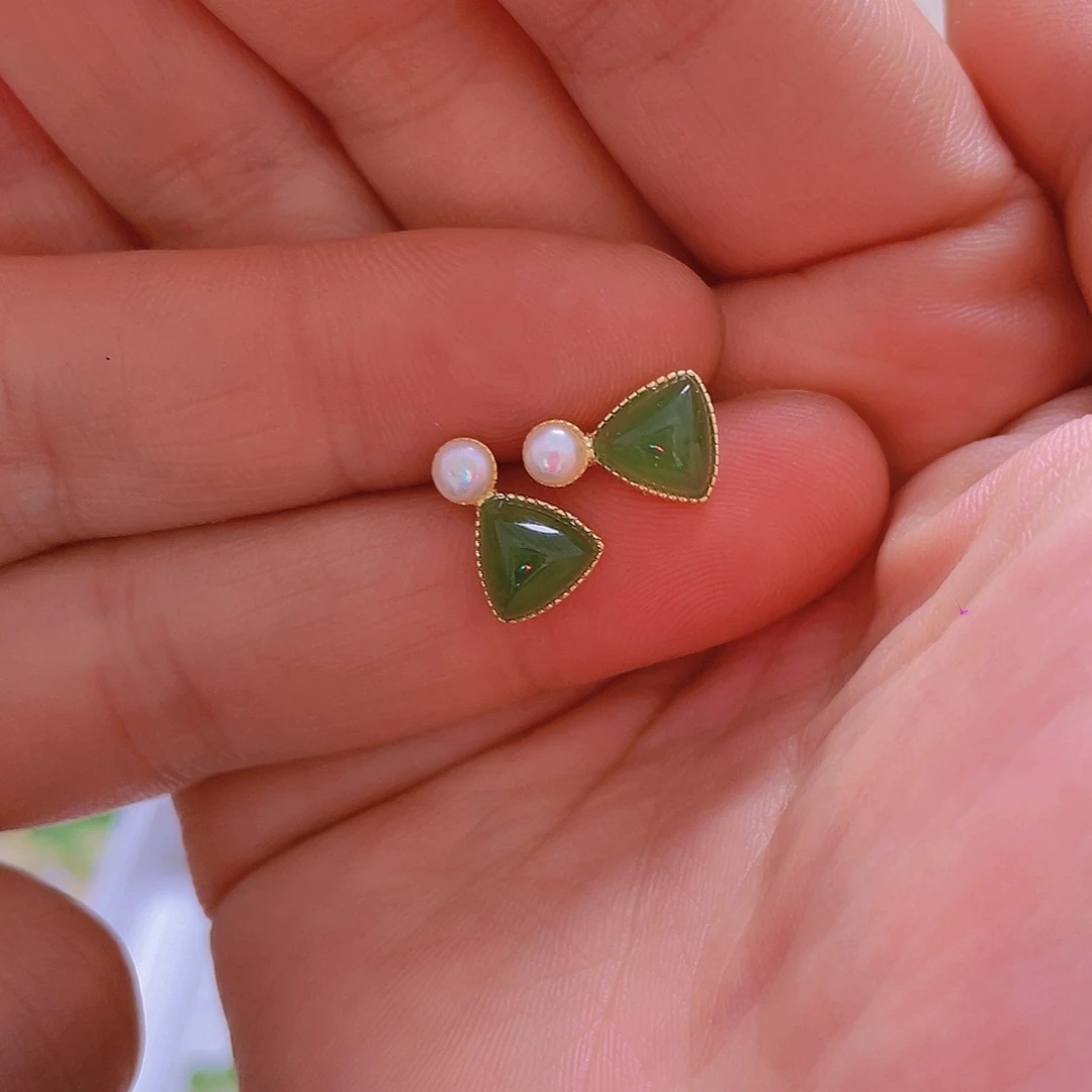 和田玉耳饰银S925镀金镶嵌