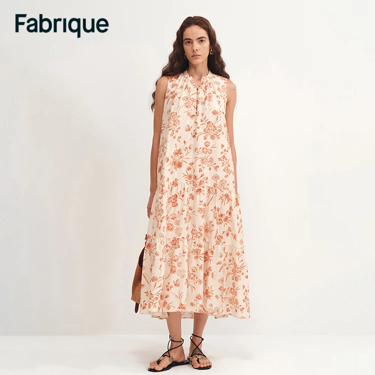 【Fabrique】仲夏花园珊瑚橘红6A桑蚕丝棉印花小立领无袖宽松连衣裙
