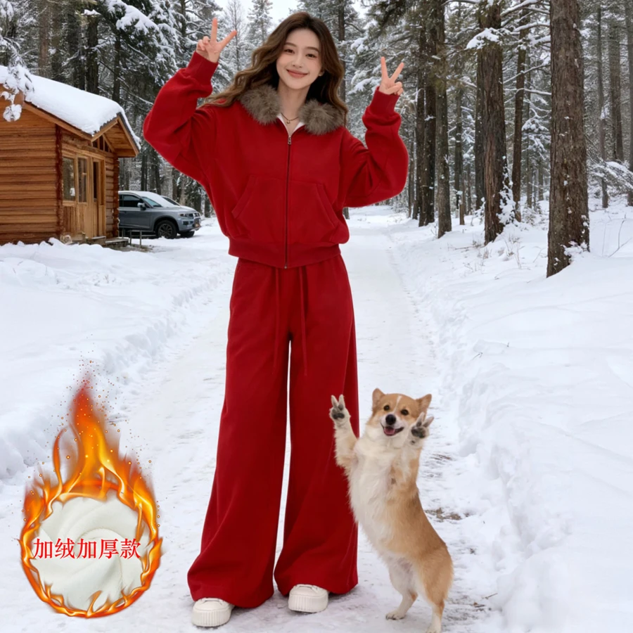 红色过年套装女装秋冬季加绒加厚保暖洋气毛领卫衣宽松显瘦两件套