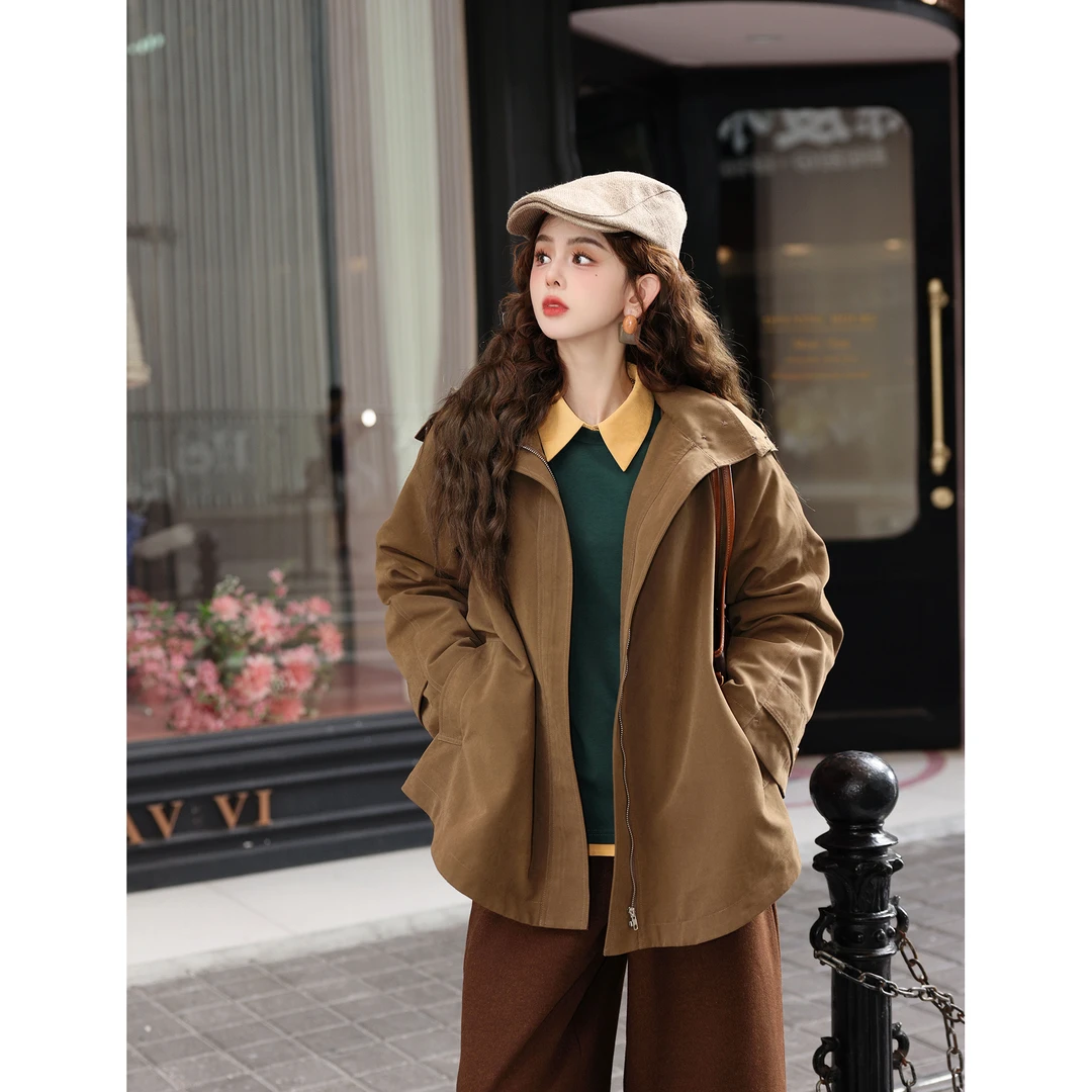 陈佳洁【云雾松林】港风复古连帽通勤宽松气质外套风衣女JQ5567218