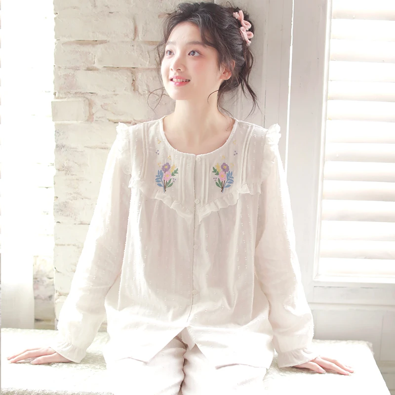 睡衣女春秋款纯棉纱布公主风长袖家居服圆领甜美刺绣可外穿套装