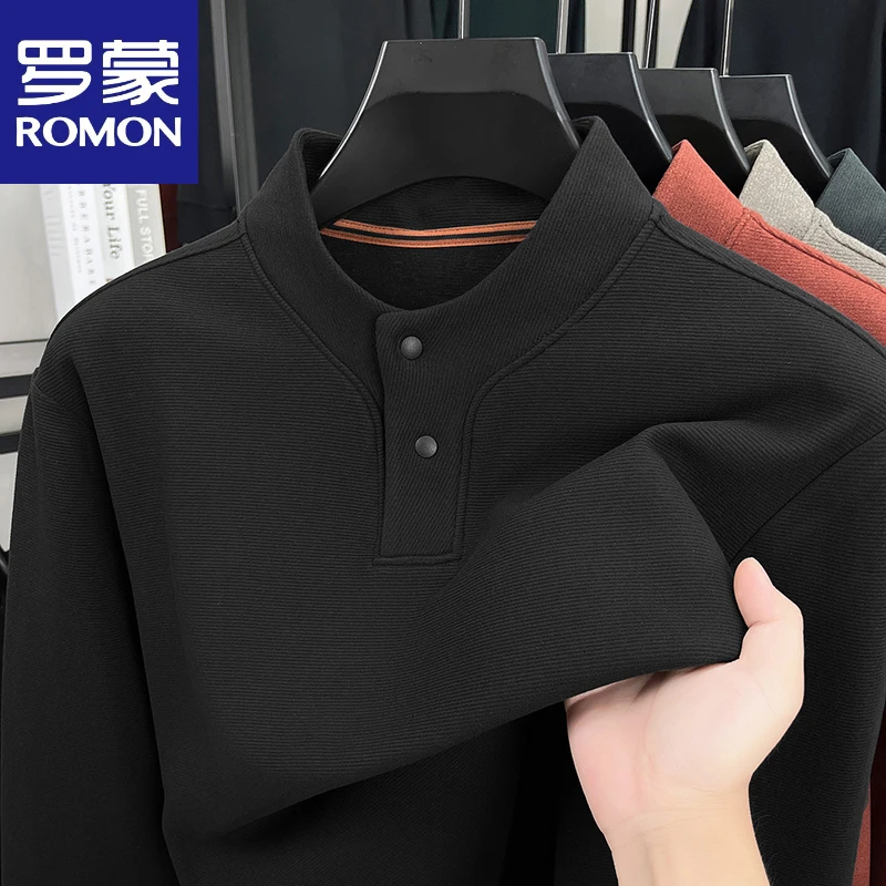 【含羊毛+桑蚕丝】罗蒙春秋新款小立领纽扣卫衣男士纯色休闲T恤长袖
