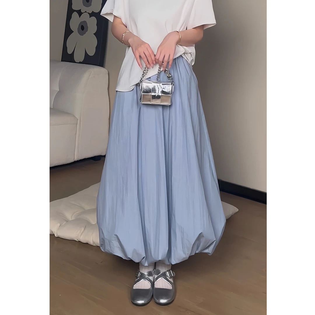 YAMM~韩系温柔风蓝色显瘦花苞裙百搭高腰休闲半身裙