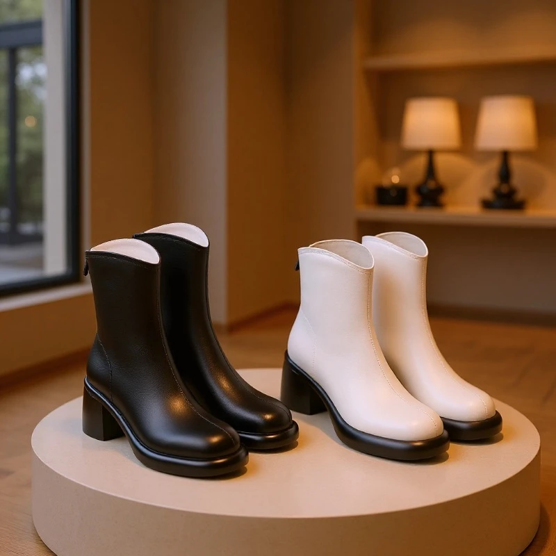 头层牛皮2025秋冬新款百搭黑色厚底显瘦短筒靴后拉链马丁靴子单靴