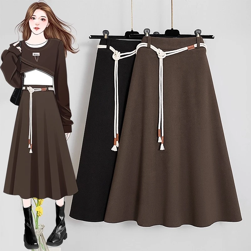 【腰带+运费险】高级感A字伞裙高腰毛呢半身裙女2025秋冬藏肉大摆裙