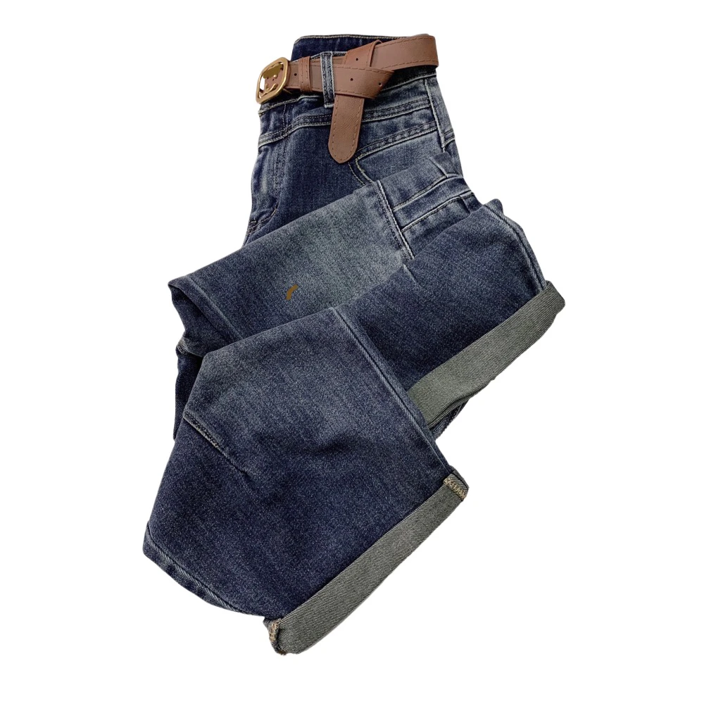 T8776春季新款九分牛仔弯刀裤（带腰带样式随机）