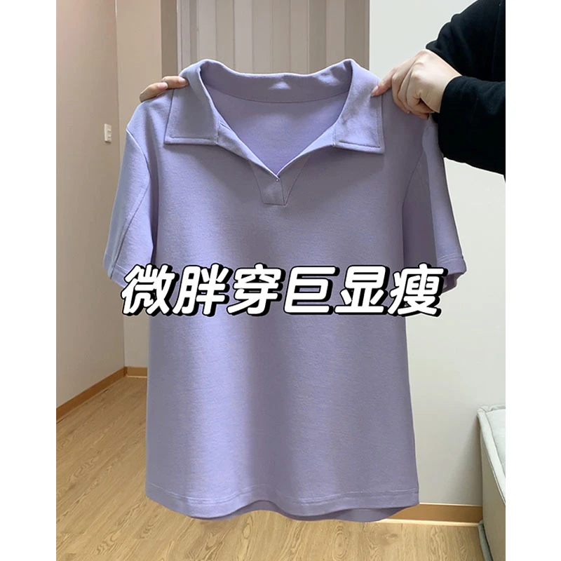 大码胖mm200斤微胖显瘦时尚减龄V领polo衫女夏季韩版翻领短袖t恤