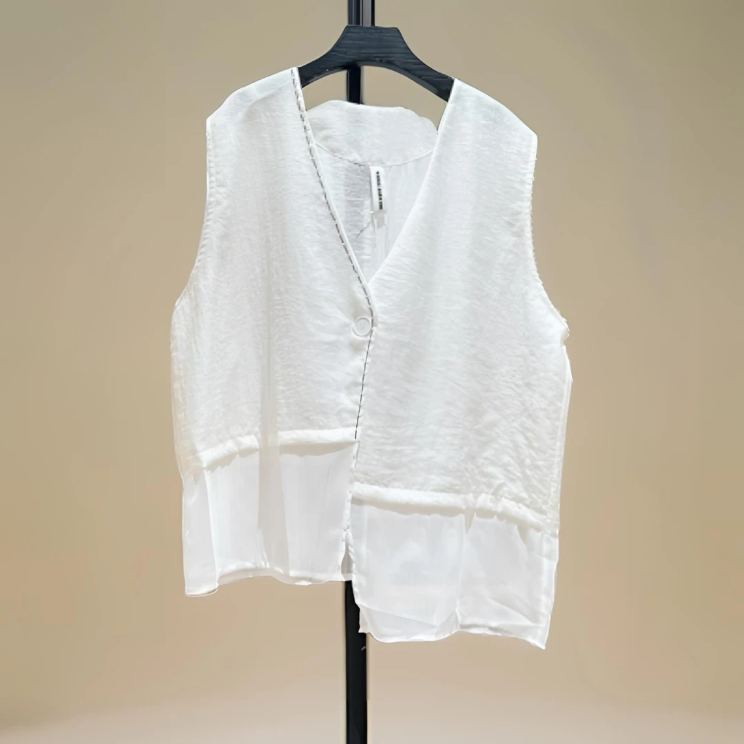 极简白色无袖马甲时尚宽松百搭休闲纯色夏季拼接棉V领中长款马夹