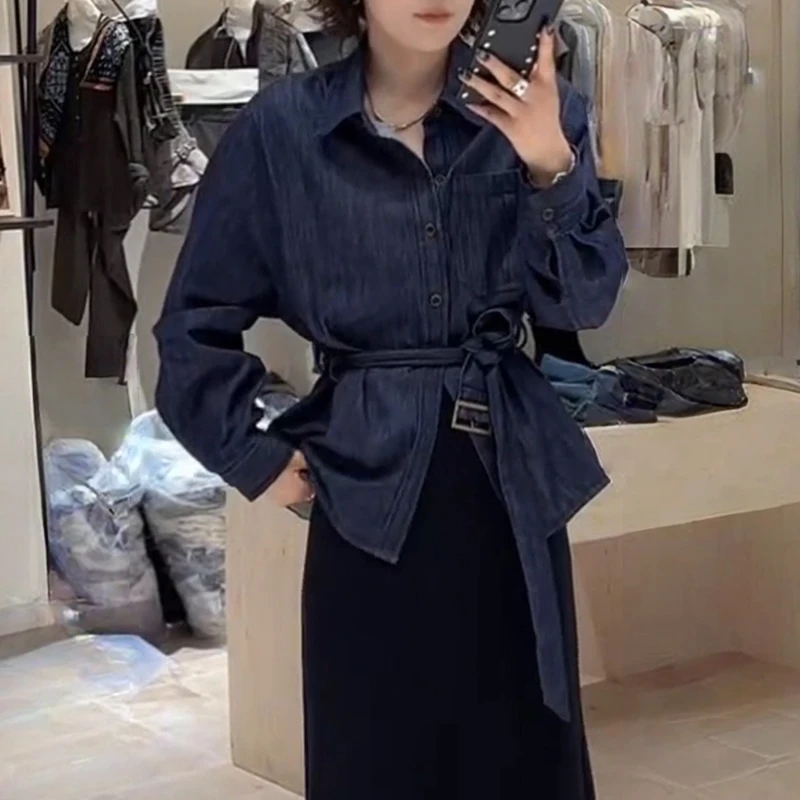 网红洋气炸街套装女2025年春秋新款系带收腰牛仔衬衫半身裙两件套