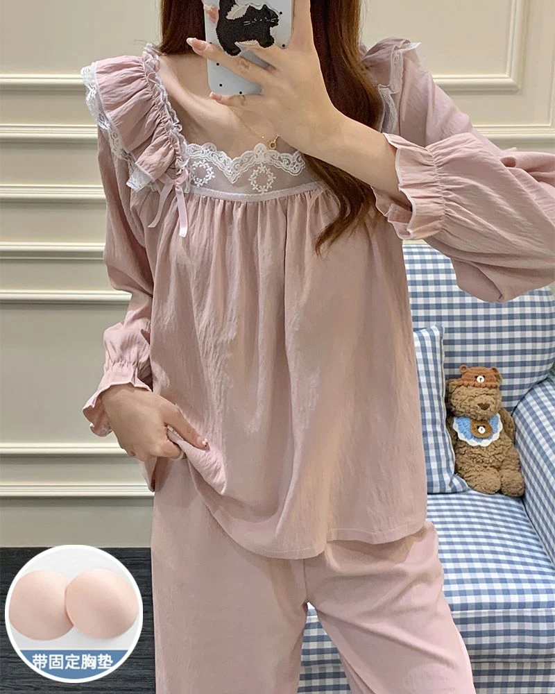 带胸垫春秋季睡衣女长袖长袖套装亲肤棉甜美宫廷风蕾丝花边家居服